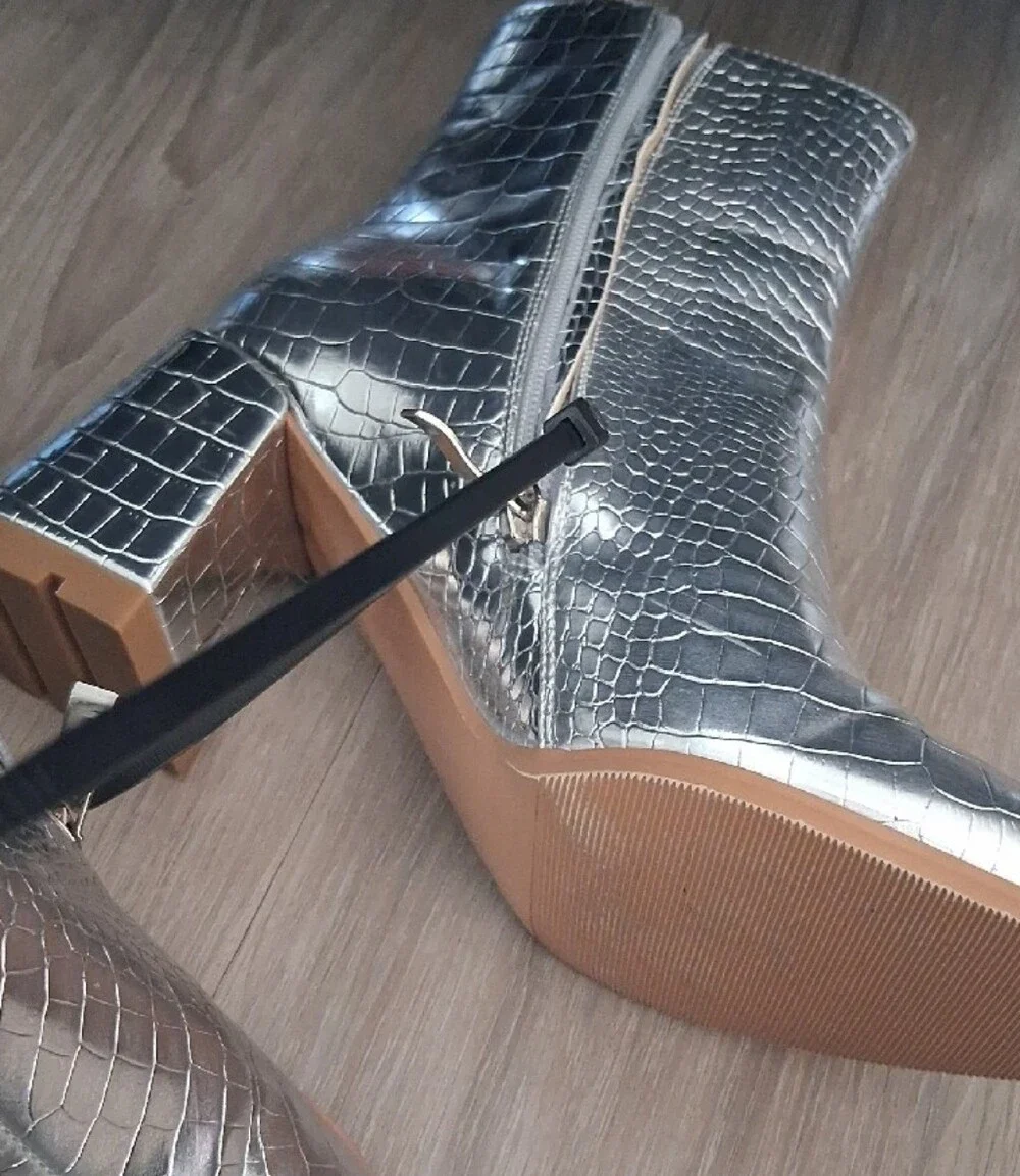 Croc-Embossed Silver Pointed Ankle Boots